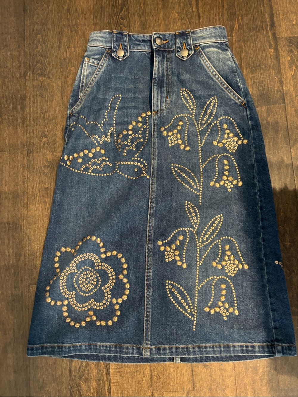 Vintage RED Valentino Dark Blue Denim A-Line Skirt with Gold Stud  Embellishment